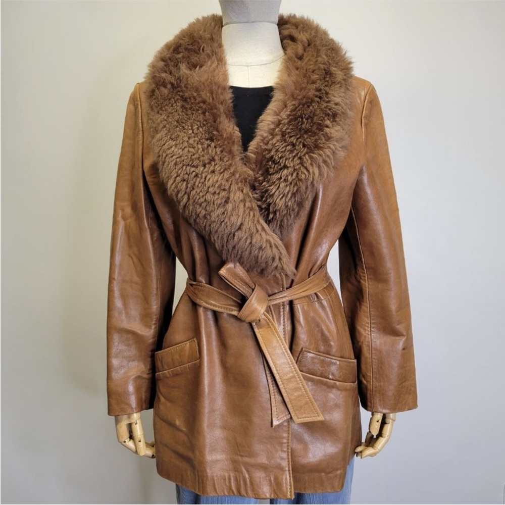 *Flaws* Vtg 70s Avanti Leather Coat Shearling Collar Tie Belt Pockets Womens M